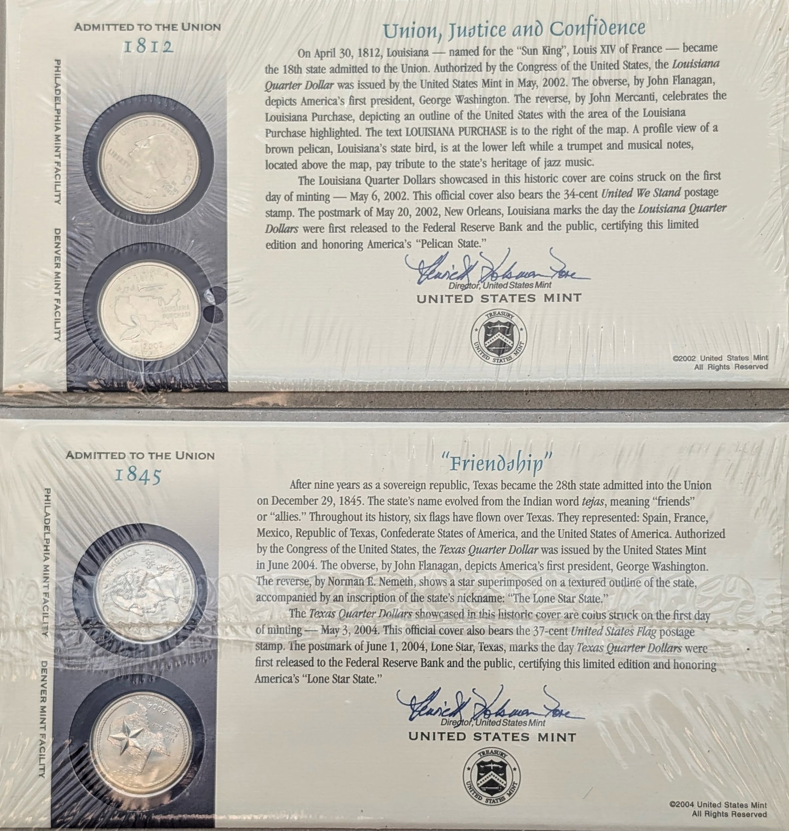 Lot of 2 US Mint First Day Issue State Quarter Coin Sets-2002 LA, 2004 TX: Coin