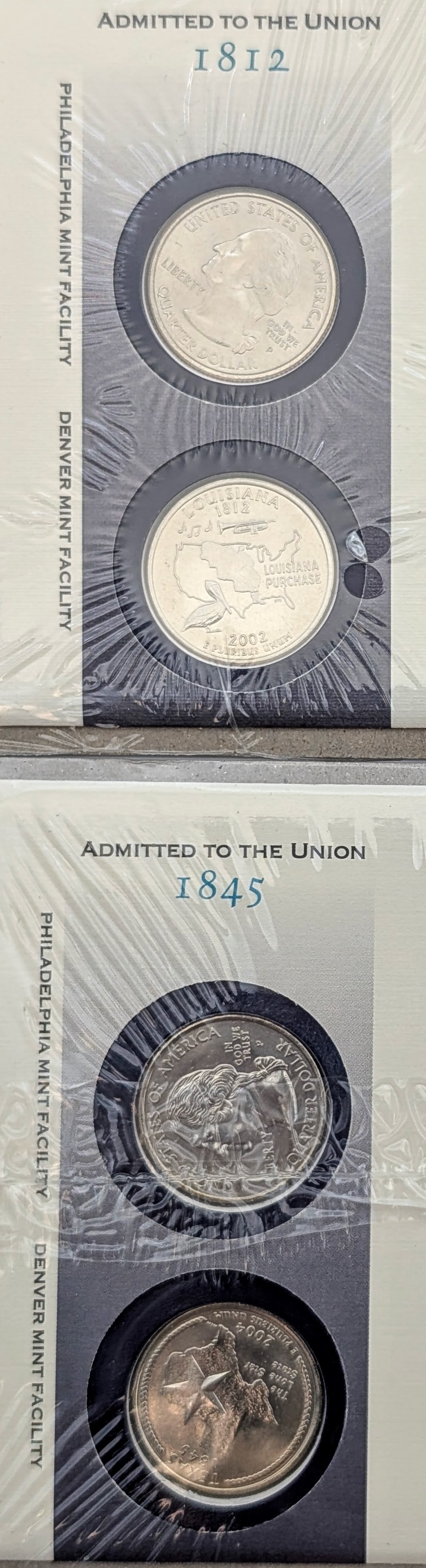 Lot of 2 US Mint First Day Issue State Quarter Coin Sets-2002 LA, 2004 TX - 2