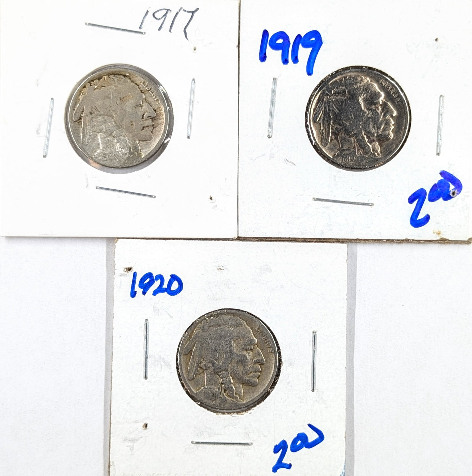 Lot of 3 Buffalo Head Nickels- 1917, 1919, 1920: Coin