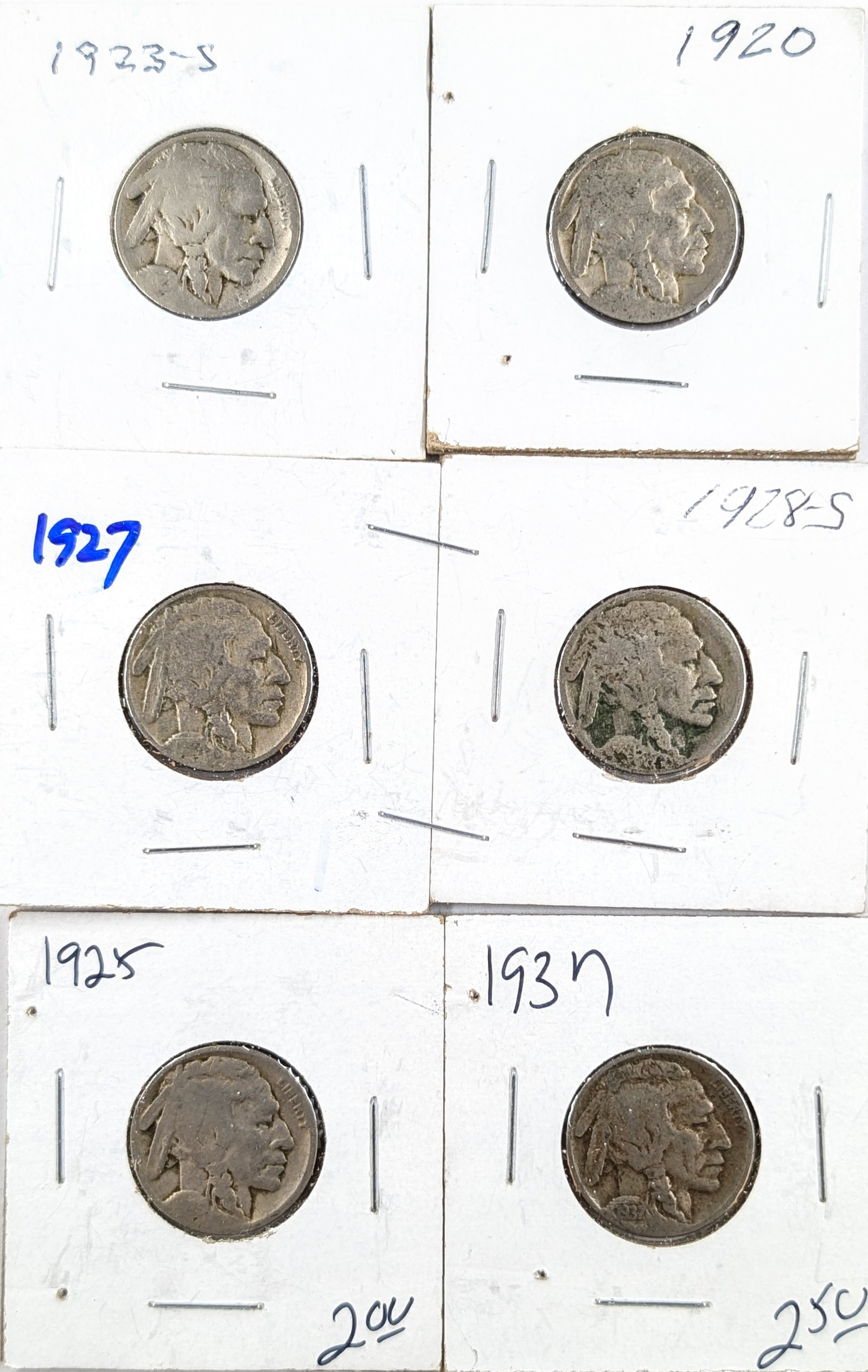 Lot of 6 Buffalo Head Nickels- 1920-1937: Coin