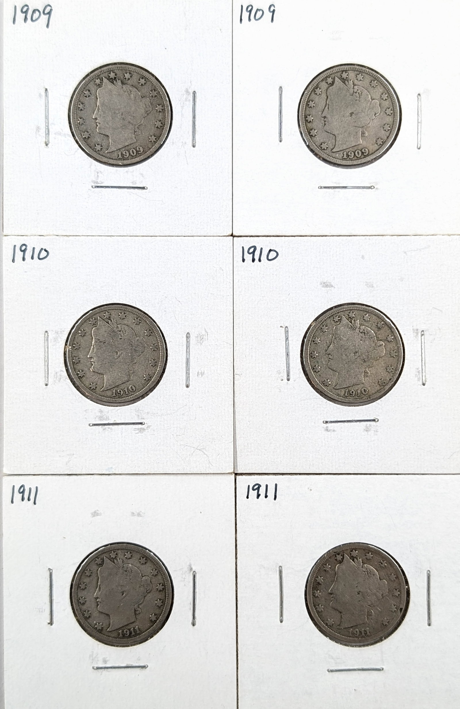 Lot of 6 Liberty V Nickels- 1909-1911: Coin