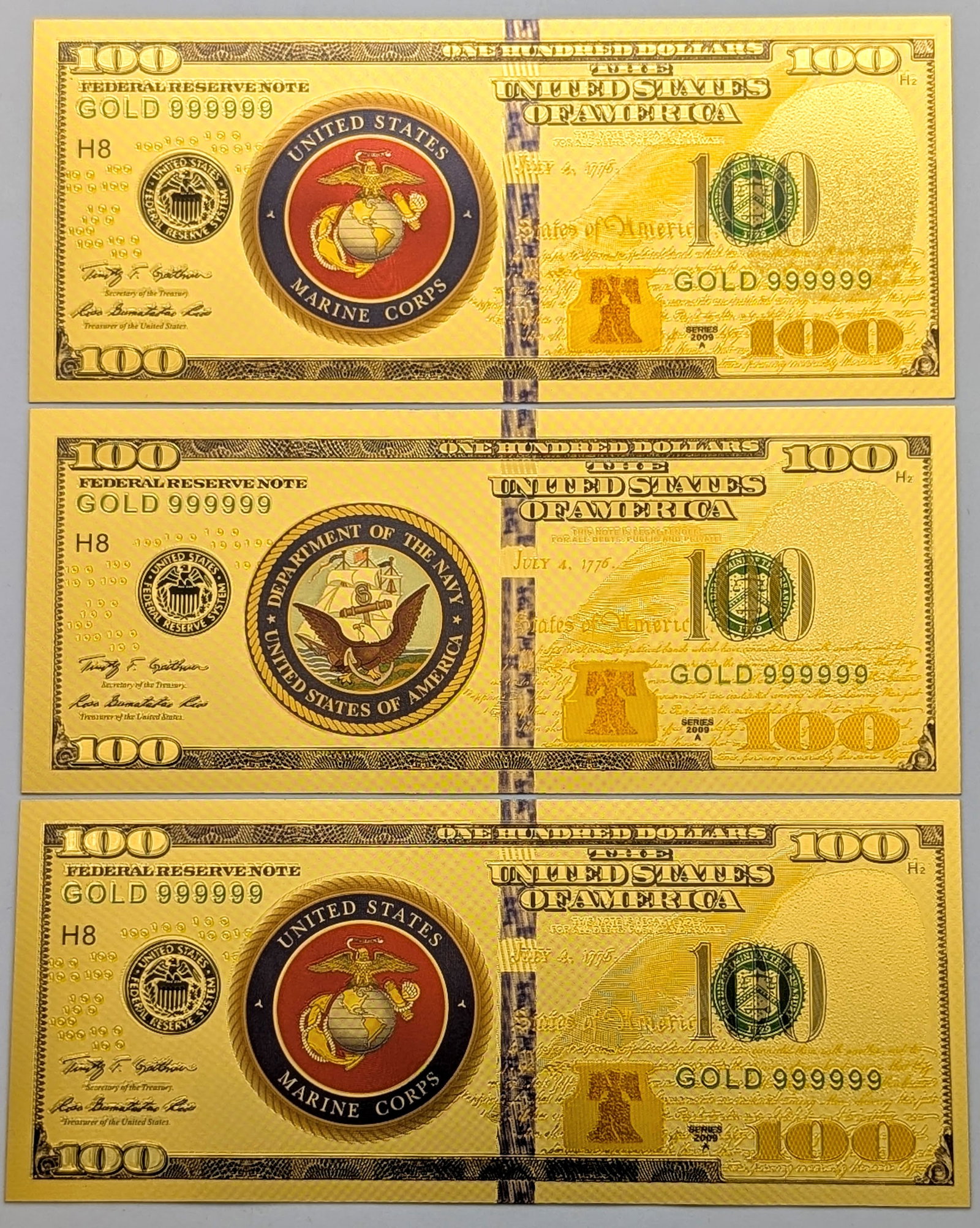 Lot of 3 Marine & Navy Gold foil $100 design: Gold Foil