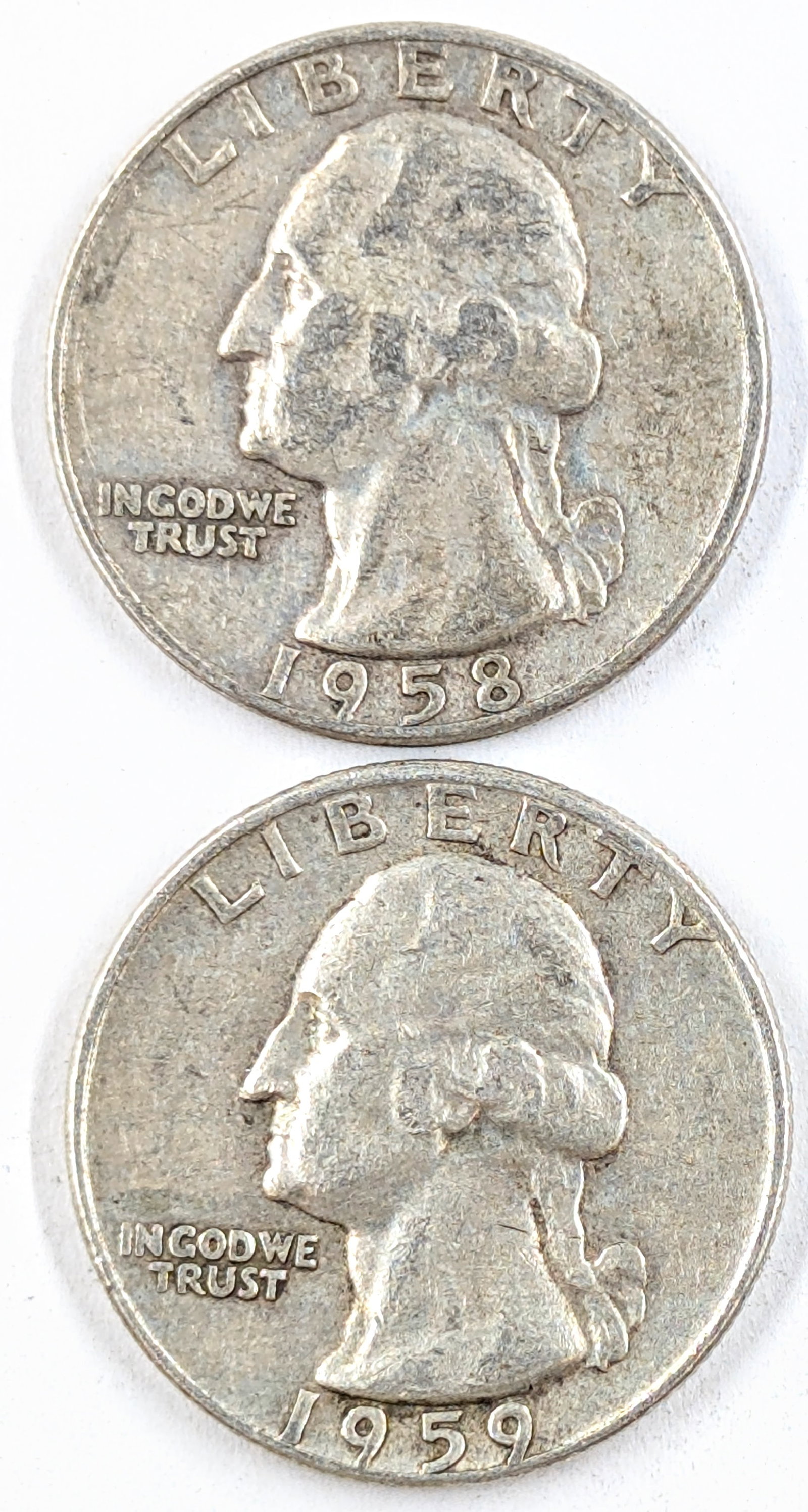 Lot of 2 Silver Washington Quarters- 1958-D, 1959-D: Silver