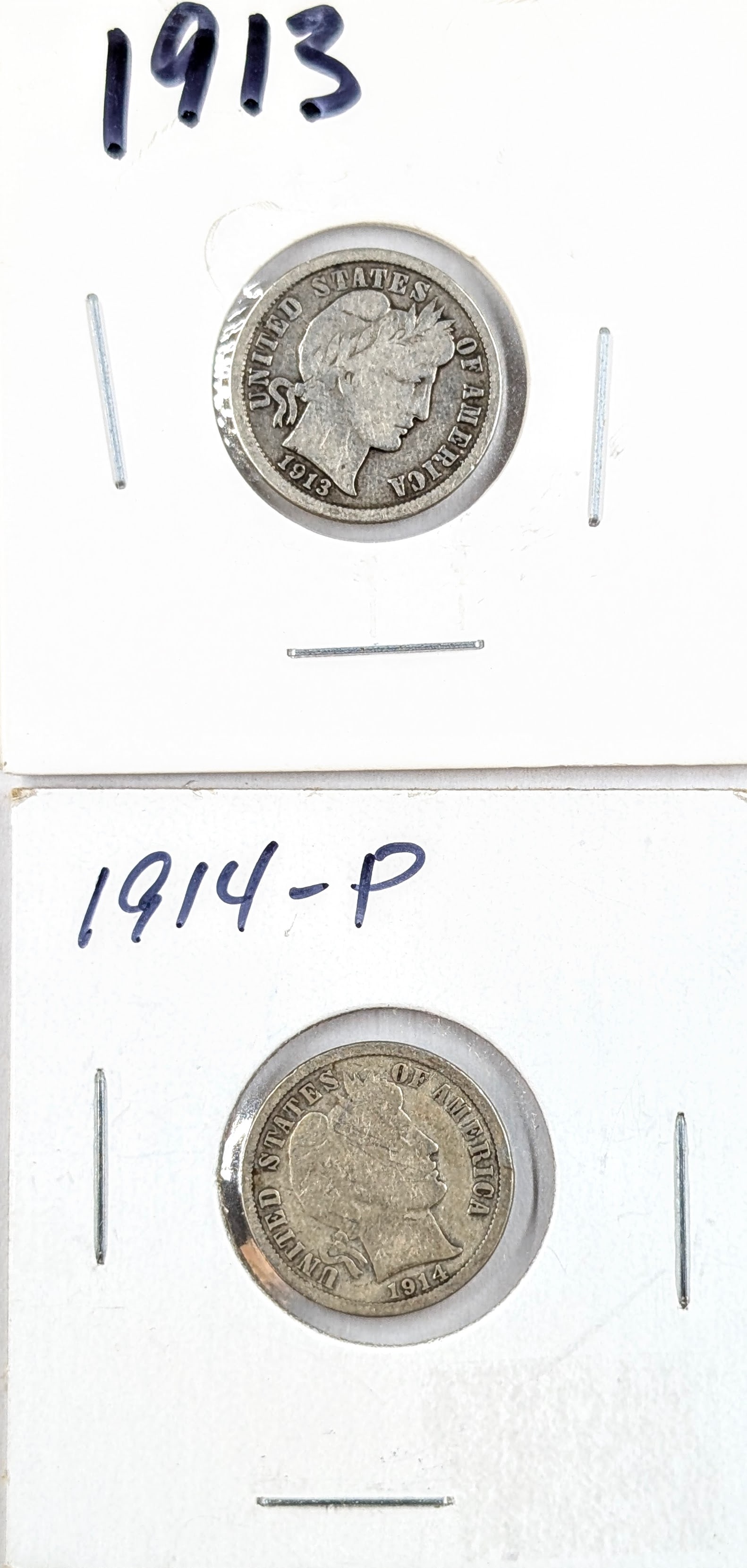 Lot of 2 Silver Barber Dimes- 1913, 1914: Silver