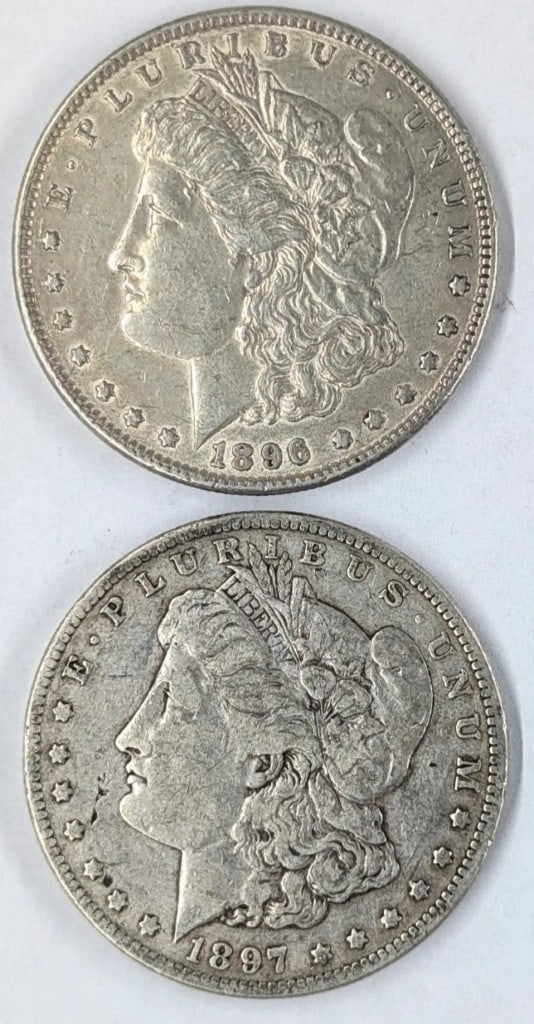 Lot of 2 Morgan Silver Dollars - 1896, 1897-O: Silver