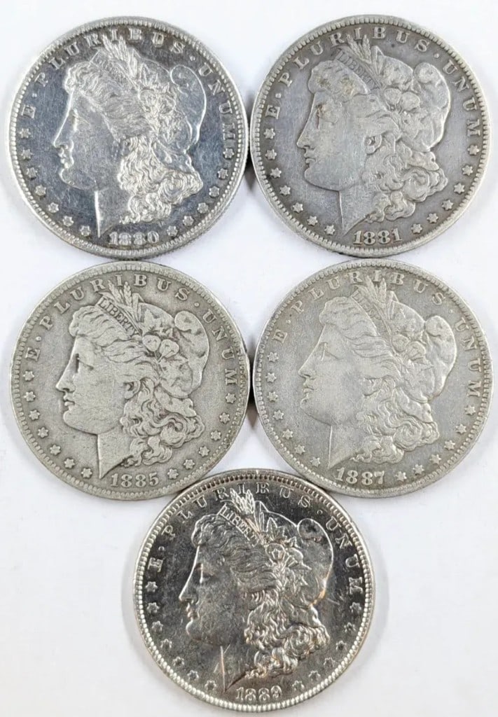 Lot of 5 Morgan Silver Dollars - 1880-1889: Silver