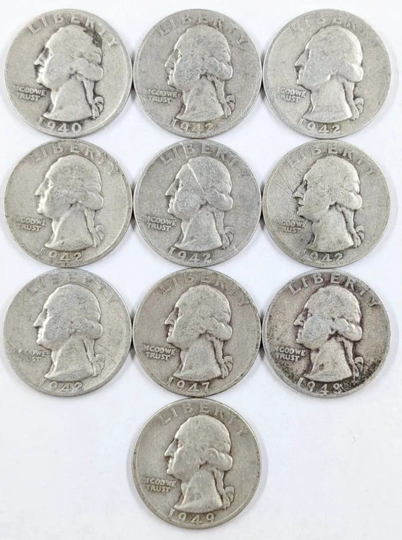 Lot of 10 Silver Washington Quarters - 1940-1949: Silver
