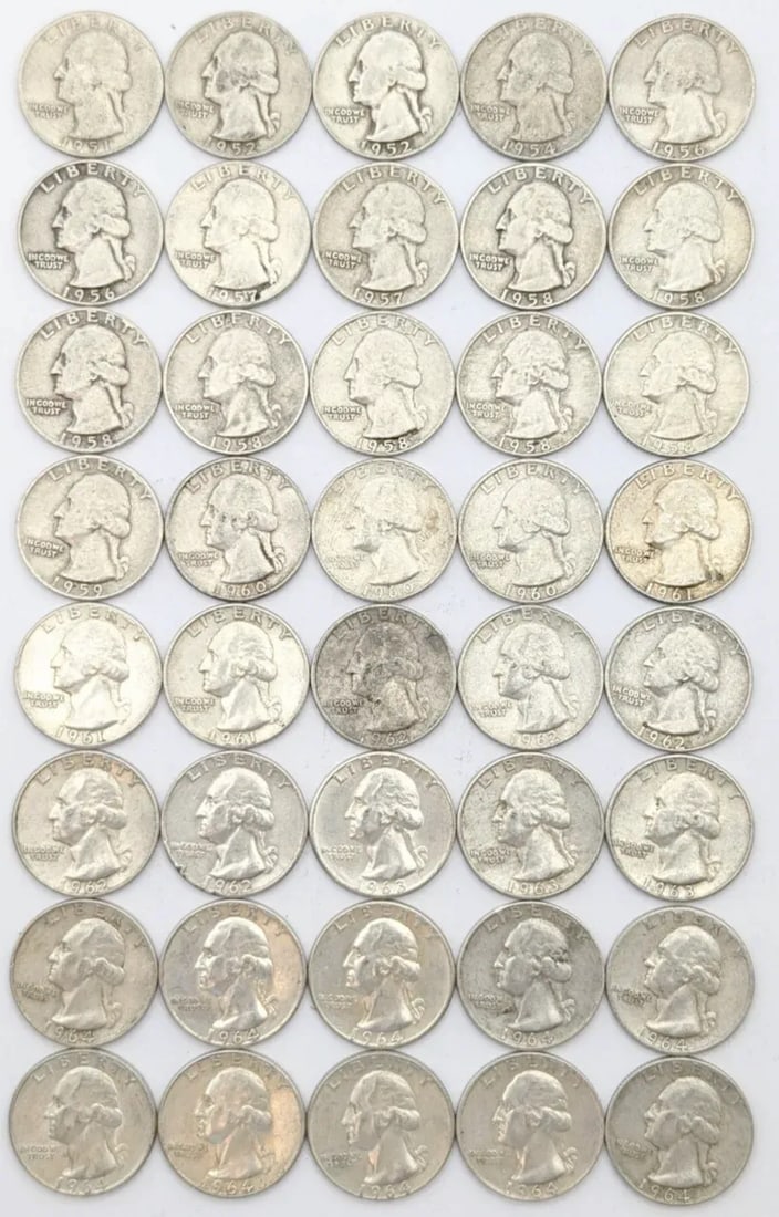 Lot of 40 Silver Washington Quarters - 1951-1964: Silver