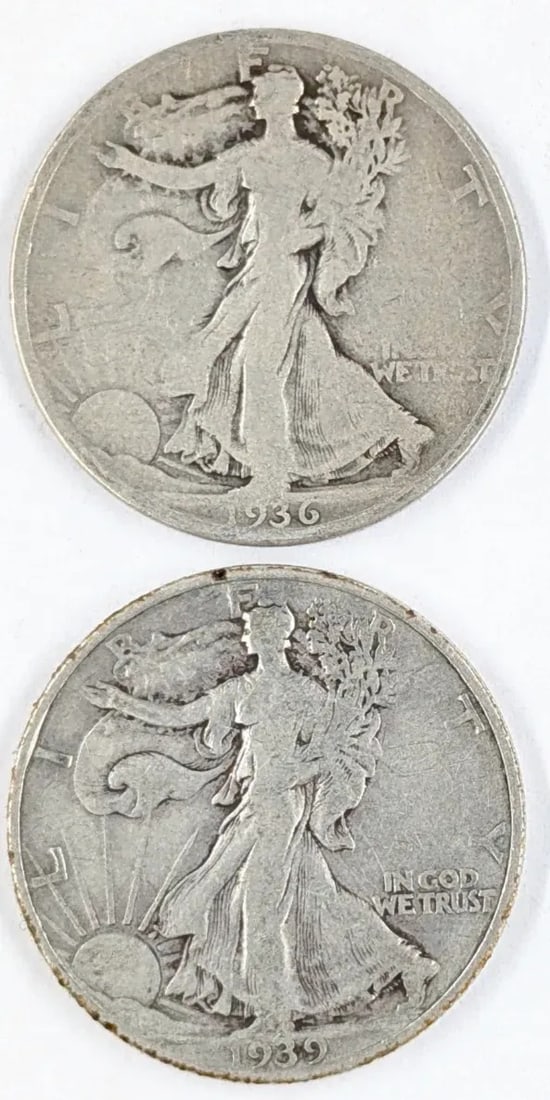 Lot of 2 Silver Walking Liberty Half Dollars -1936-S, 1939: Silver