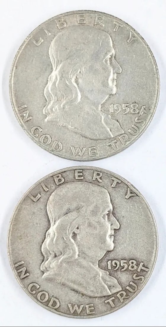 Lot of 2 Silver Franklin Half Dollars - Both 1958-D: Silver