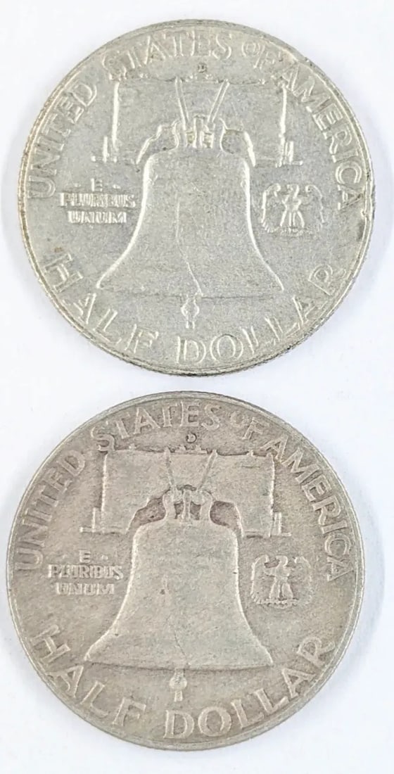Lot of 2 Silver Franklin Half Dollars - Both 1958-D - 2