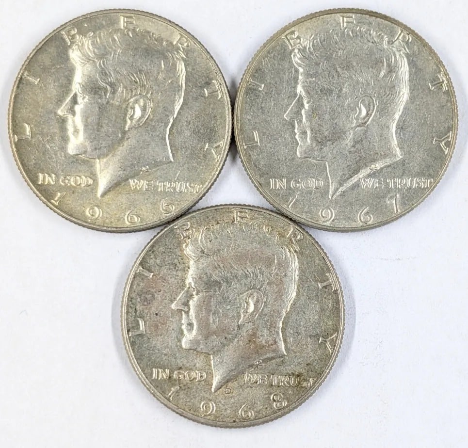 Lot of 3 Silver John F Kennedy Half Dollars - 1966, 1967,1968 (40%): Silver