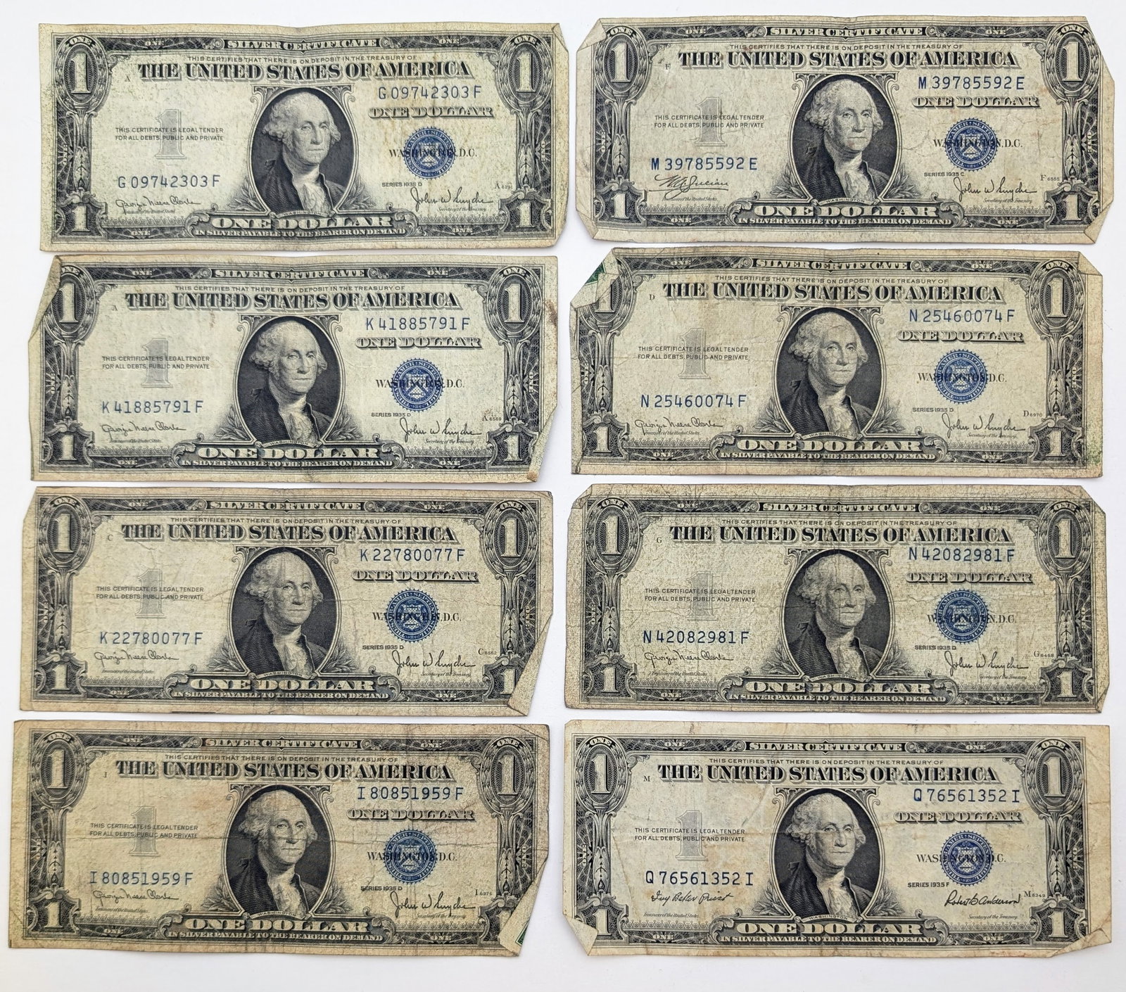 Lot of 8- 1935 $1 Notes - Silver Certificates: Heavily Circulated