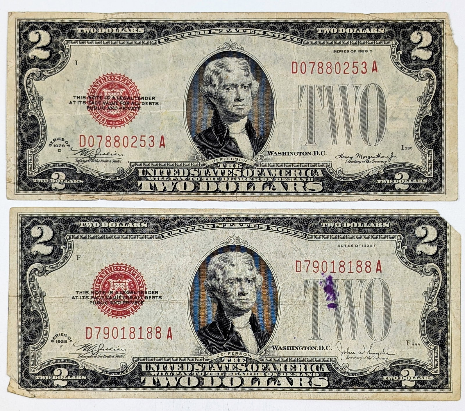 Lot of 2 - 1928 $2 Notes - Red Seals (1 of 2)