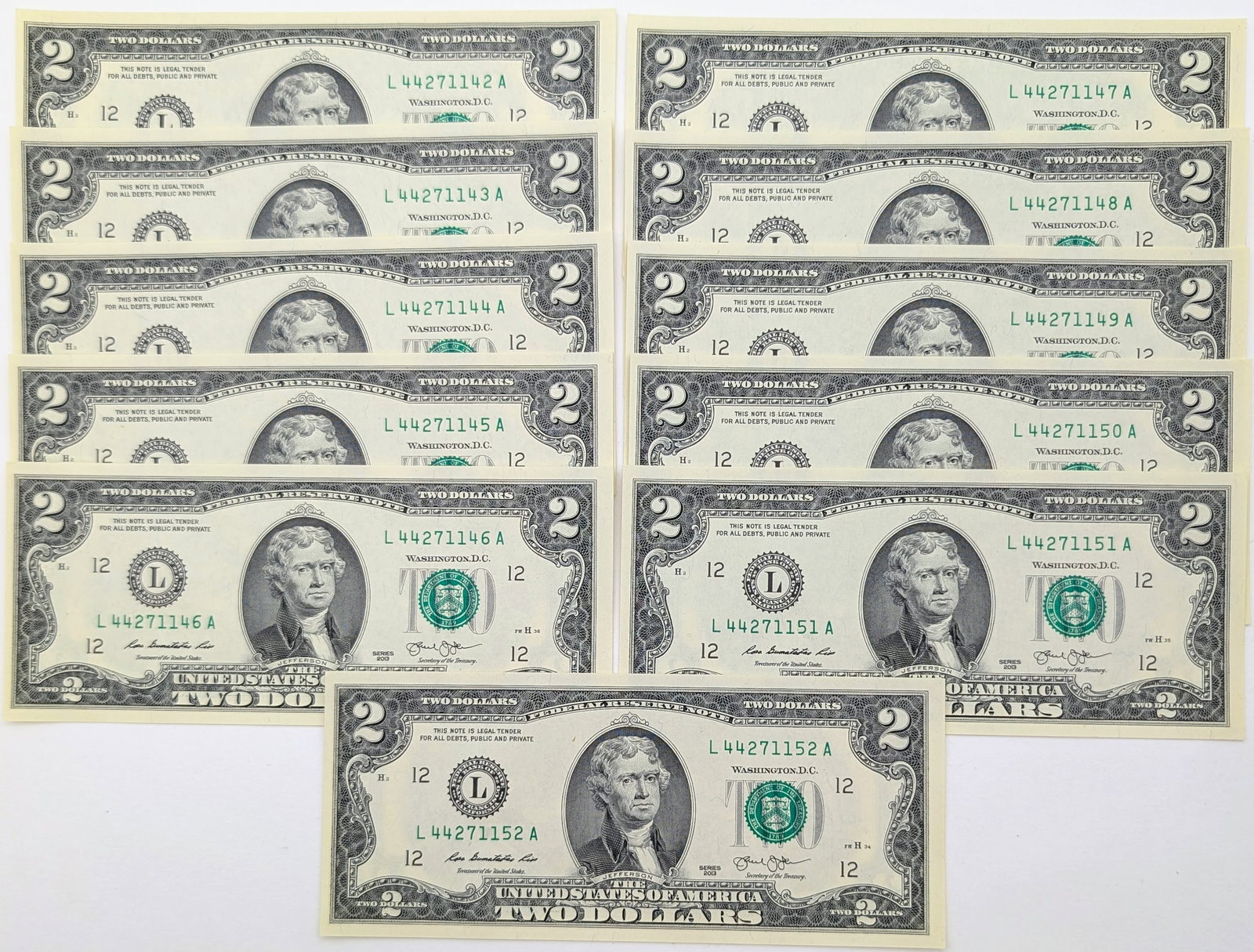 Lot of 11- Uncirculated Sequential 2013 $2 Notes - Green Seals (1 of 2)