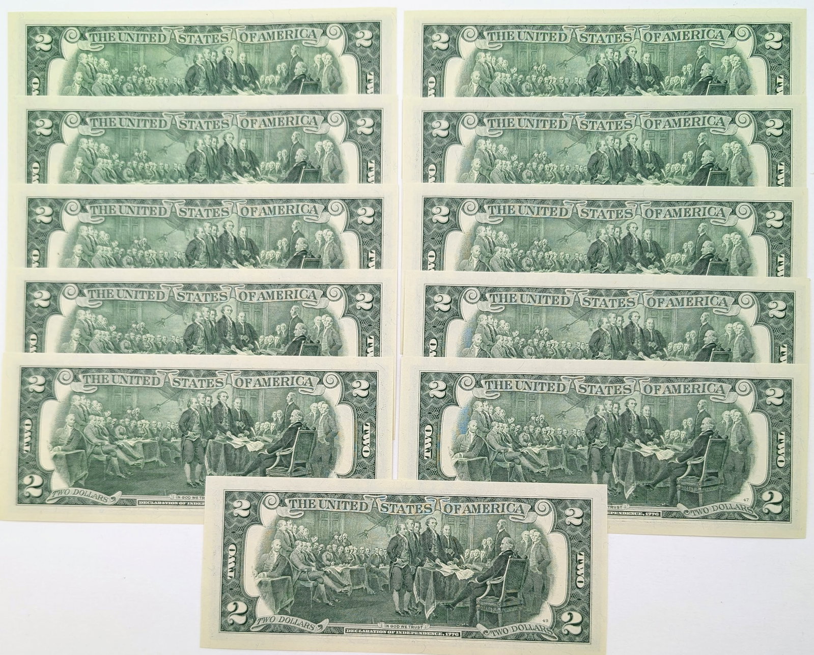 Lot of 11- Uncirculated Sequential 2013 $2 Notes - Green Seals - 2