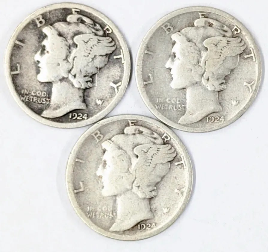 Lot of 3 Silver Mercury Dimes - 1924 P/D/S: Silver