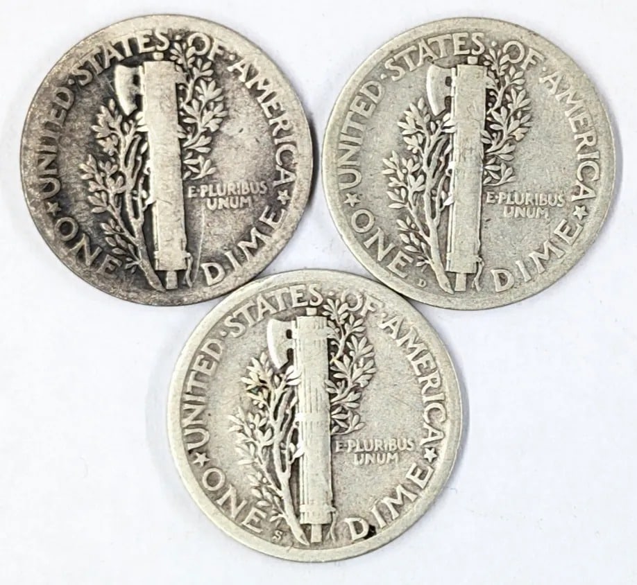 Lot of 3 Silver Mercury Dimes - 1924 P/D/S - 2