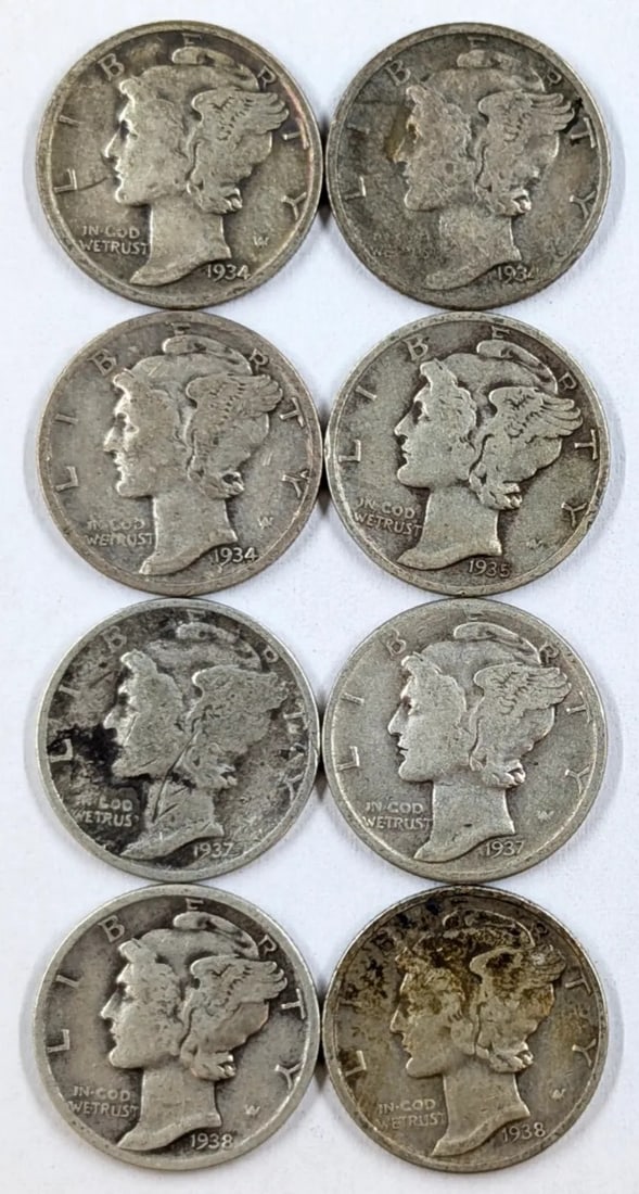 Lot of 8 Silver Mercury Dimes - 1934-1938: Silver