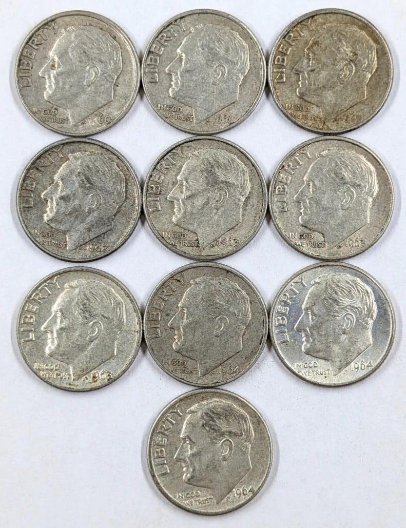 Lot of 10 Silver Roosevelt Dimes - 1960-1964: Silver
