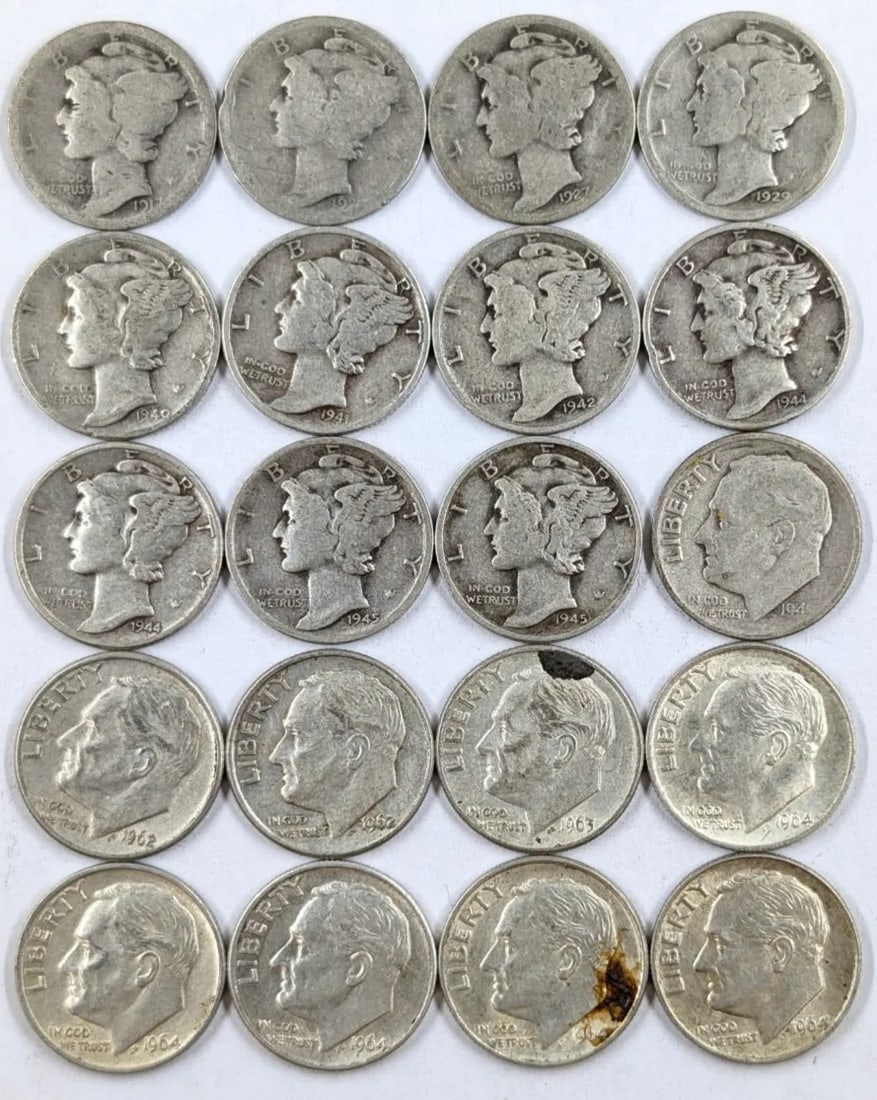 Lot of 20 Silver Dimes -11 Mercury Dimes, 9 Roosevelt Dimes: 1917-1964