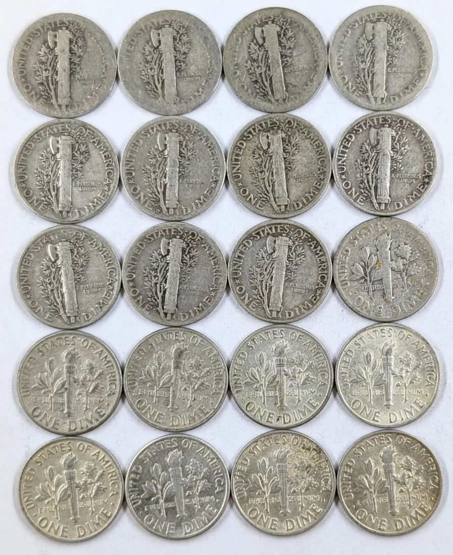 Lot of 20 Silver Dimes -11 Mercury Dimes, 9 Roosevelt Dimes - 2
