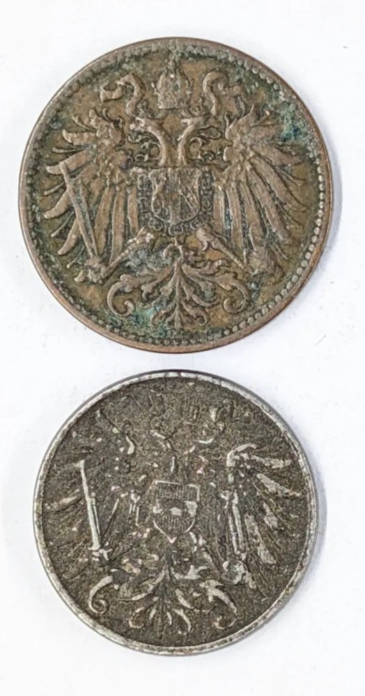 Lot of 2 Austria- 2 Hellers Coins- 1899, 1917: Coin