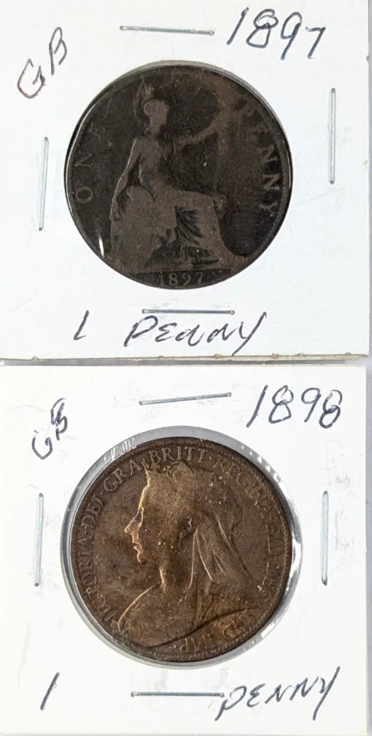 Lot of 2 Great Britain Pennies- 1897, 1898: Coin
