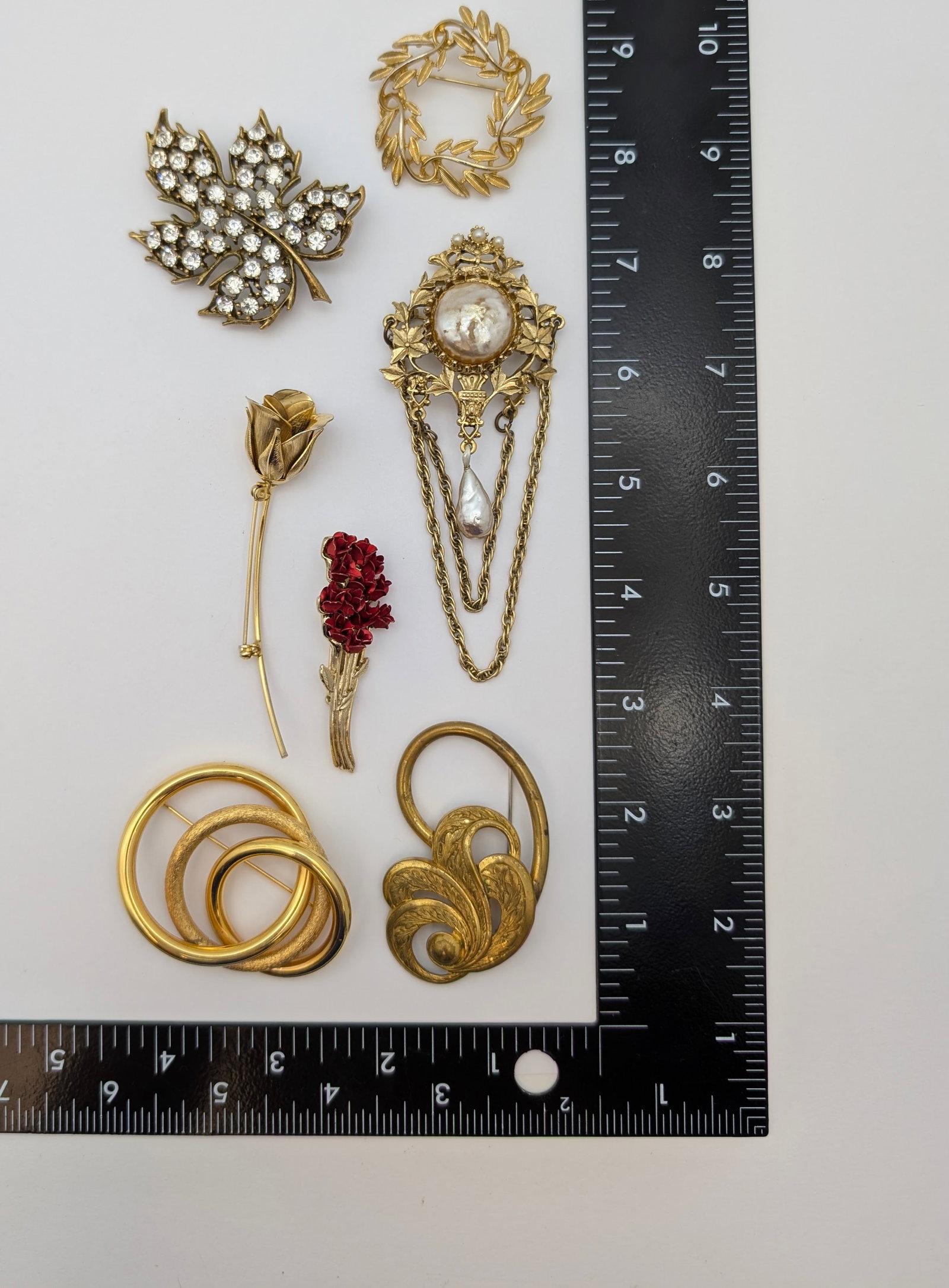 Lot of 7 Vintage Gold Toned Pins/Brooches- Rose, Leaf, Art Deco Style, etc - 6