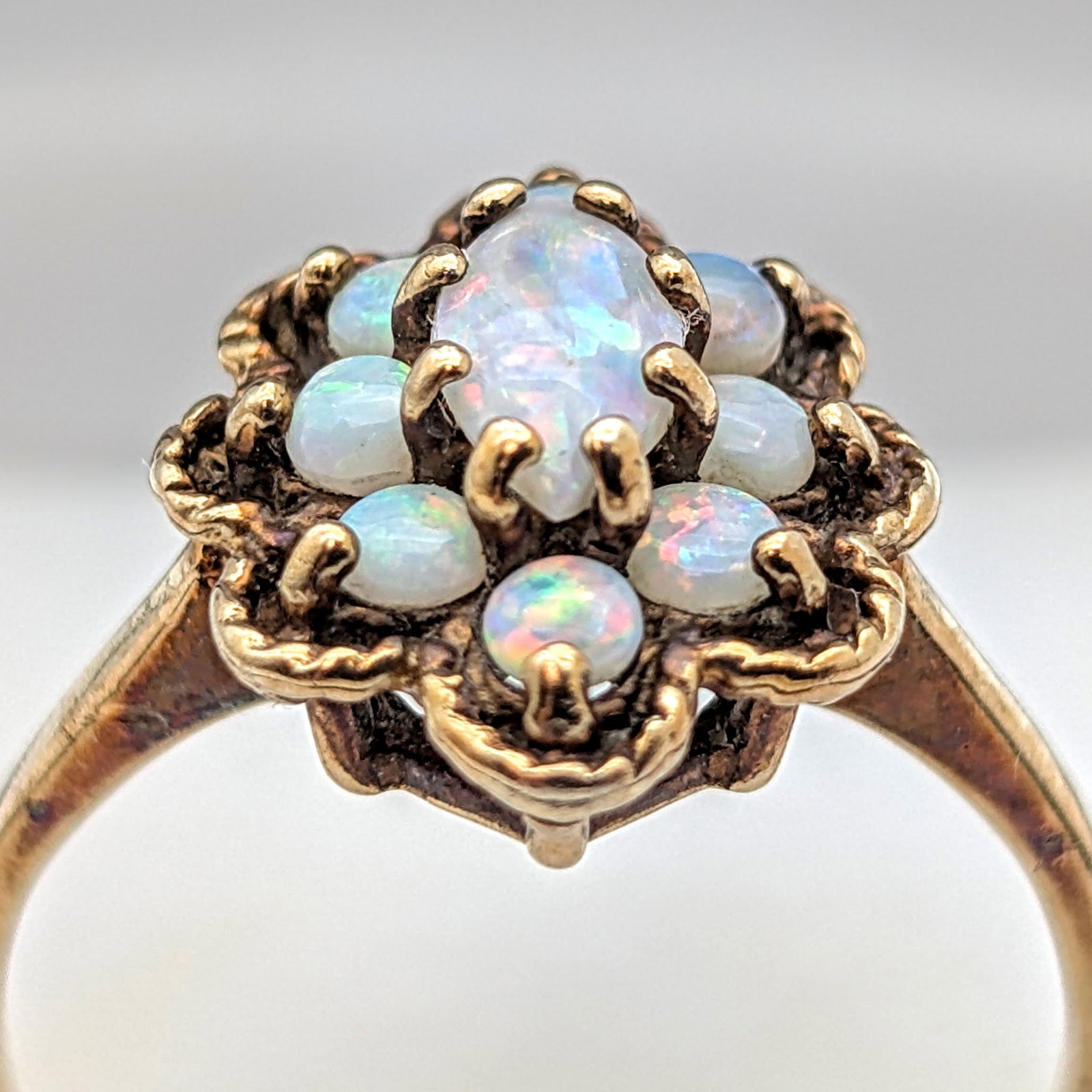 Vintage 10k Gold Opal Cluster Ring: Marquise & Round Stones- 3g - 3