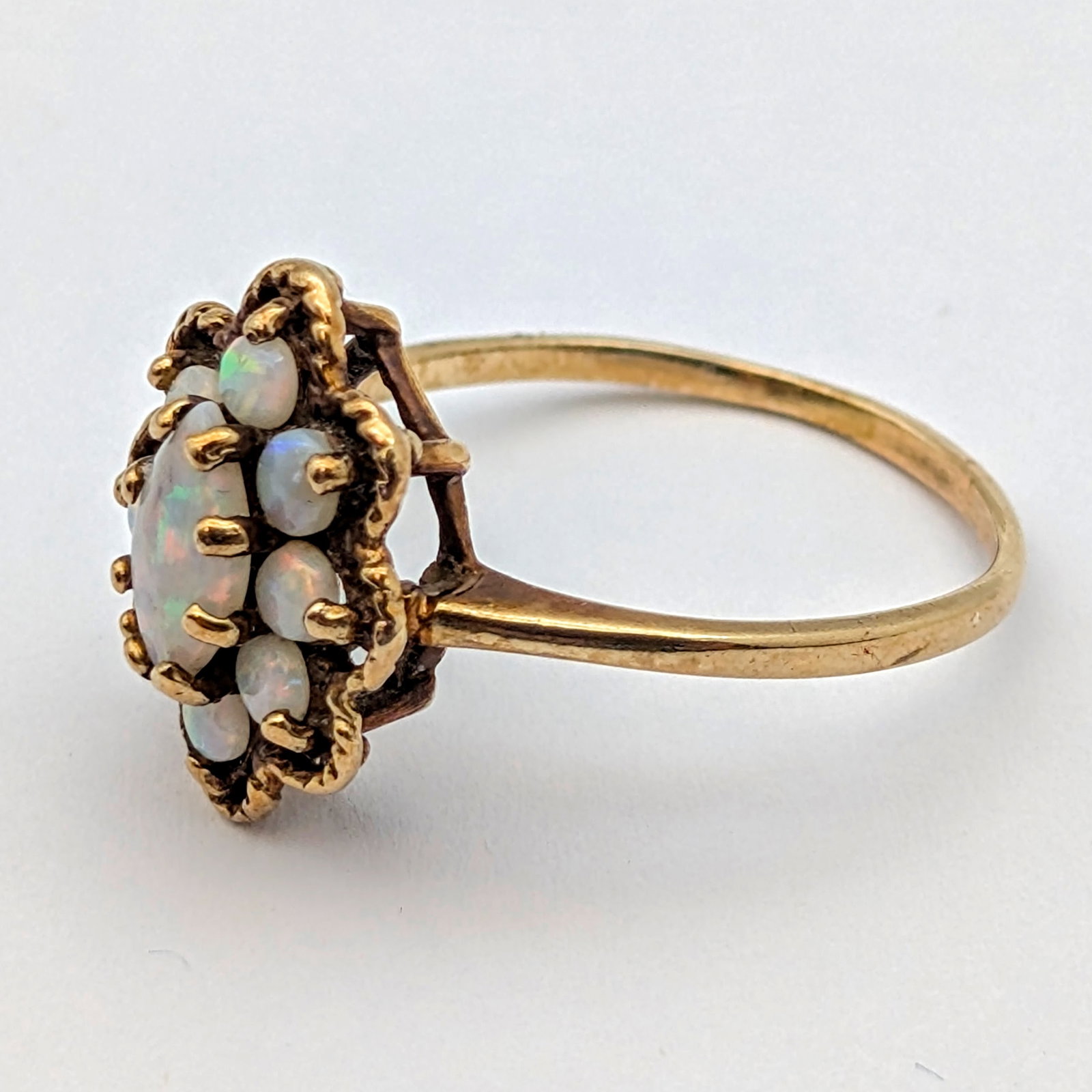 Vintage 10k Gold Opal Cluster Ring: Marquise & Round Stones- 3g - 4