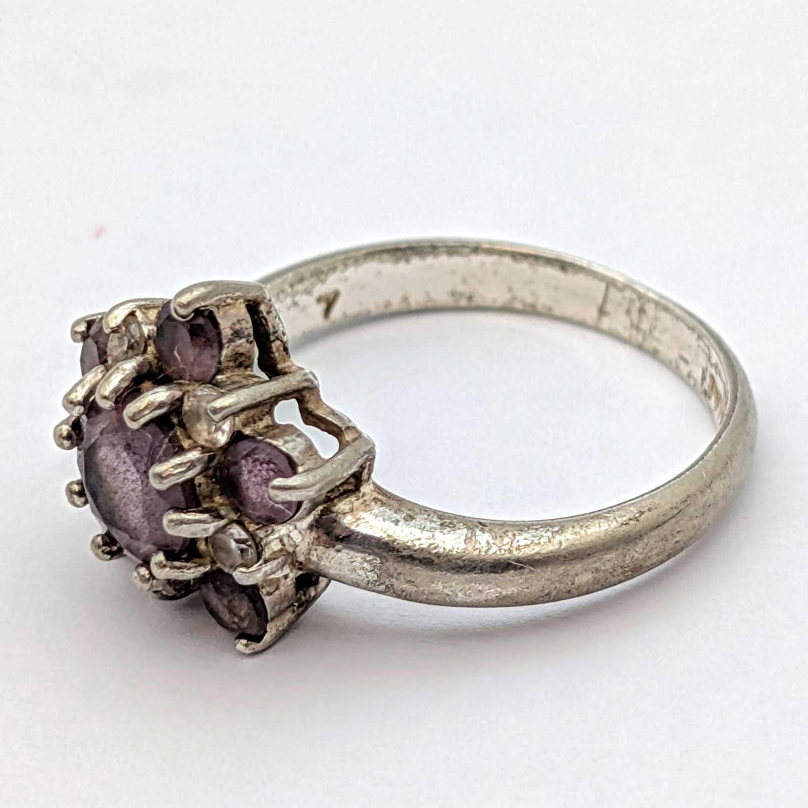 Lot of 2 Sterling Silver Rings- Cluster Ring w/ Purple Stones, Three Stone Ring w/ Blue Stones - 6
