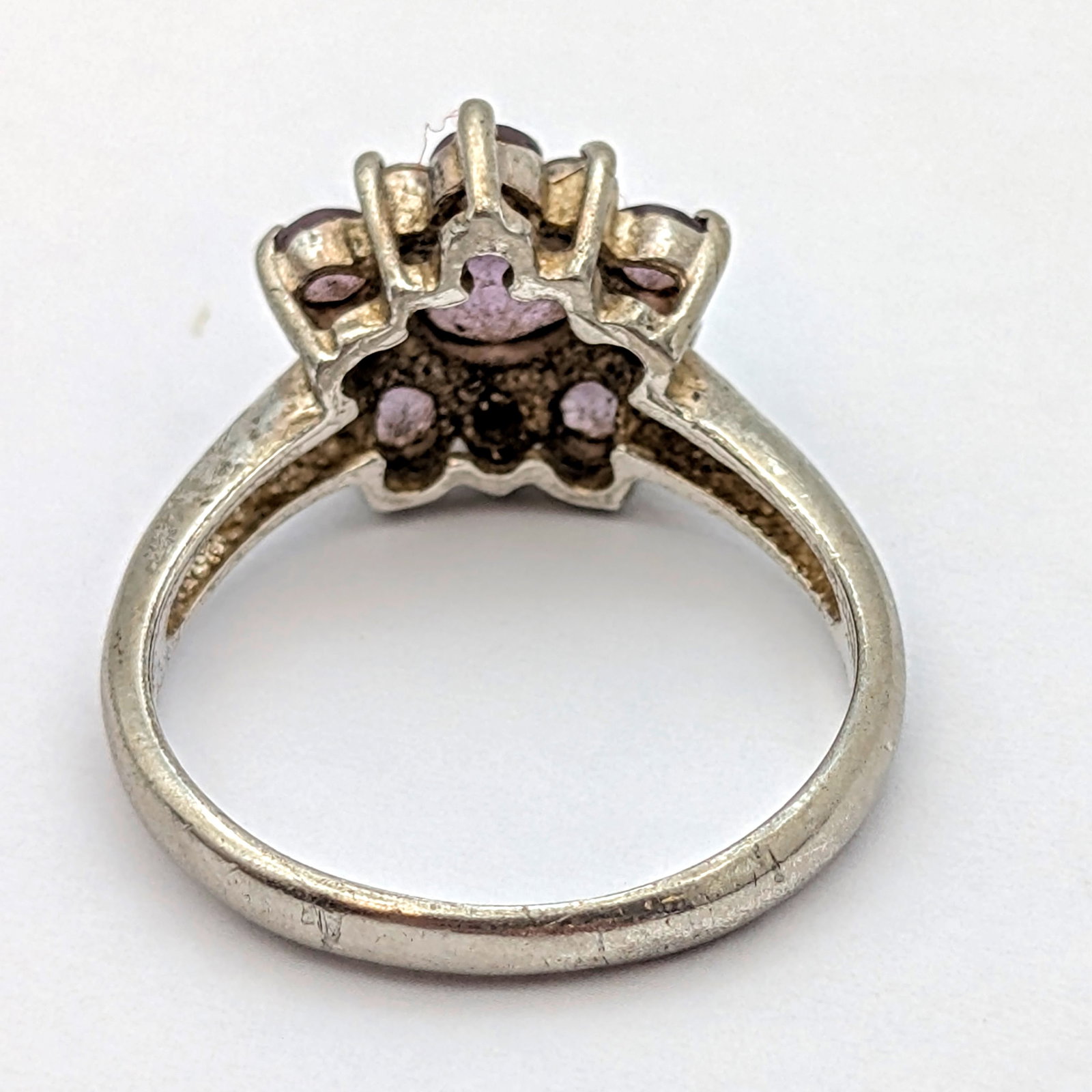 Lot of 2 Sterling Silver Rings- Cluster Ring w/ Purple Stones, Three Stone Ring w/ Blue Stones - 7