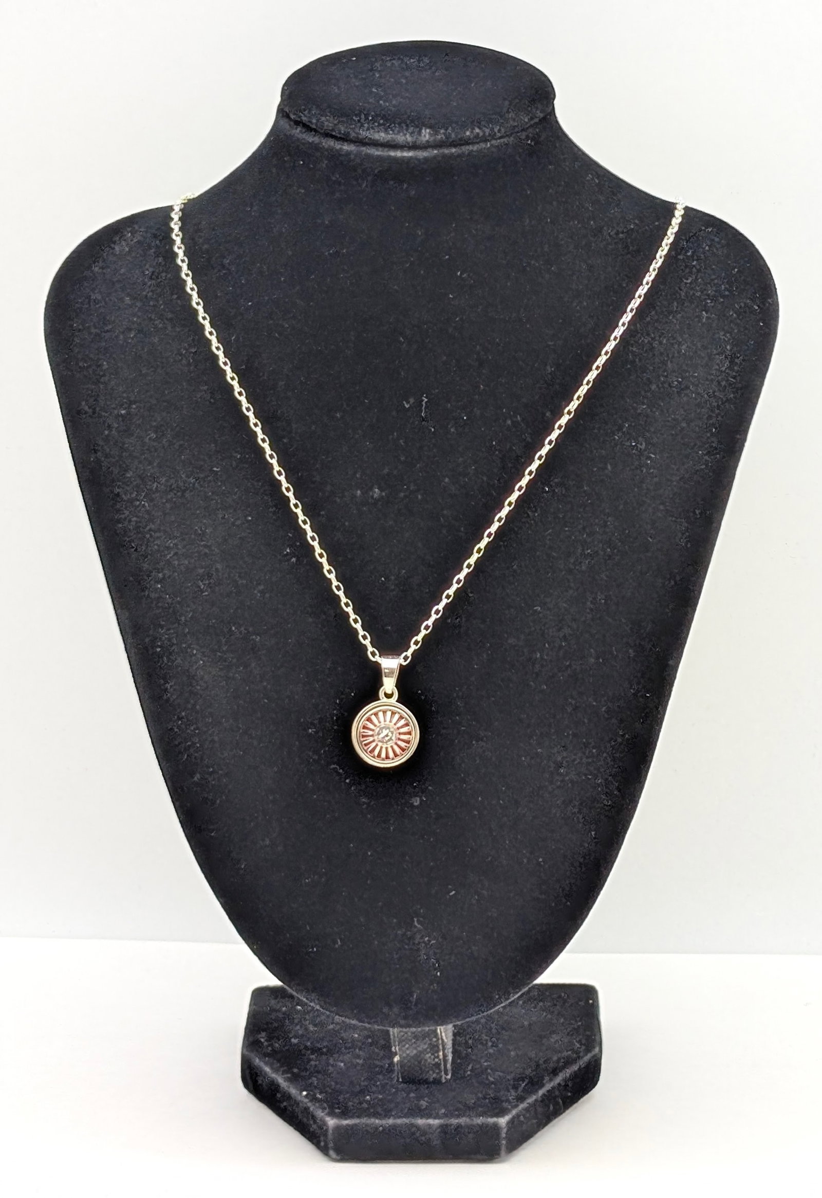 Vintage Sterling Silver Necklace w/ Red Sunburst Wheel Pendant: Length: 18in ( Adjustable)