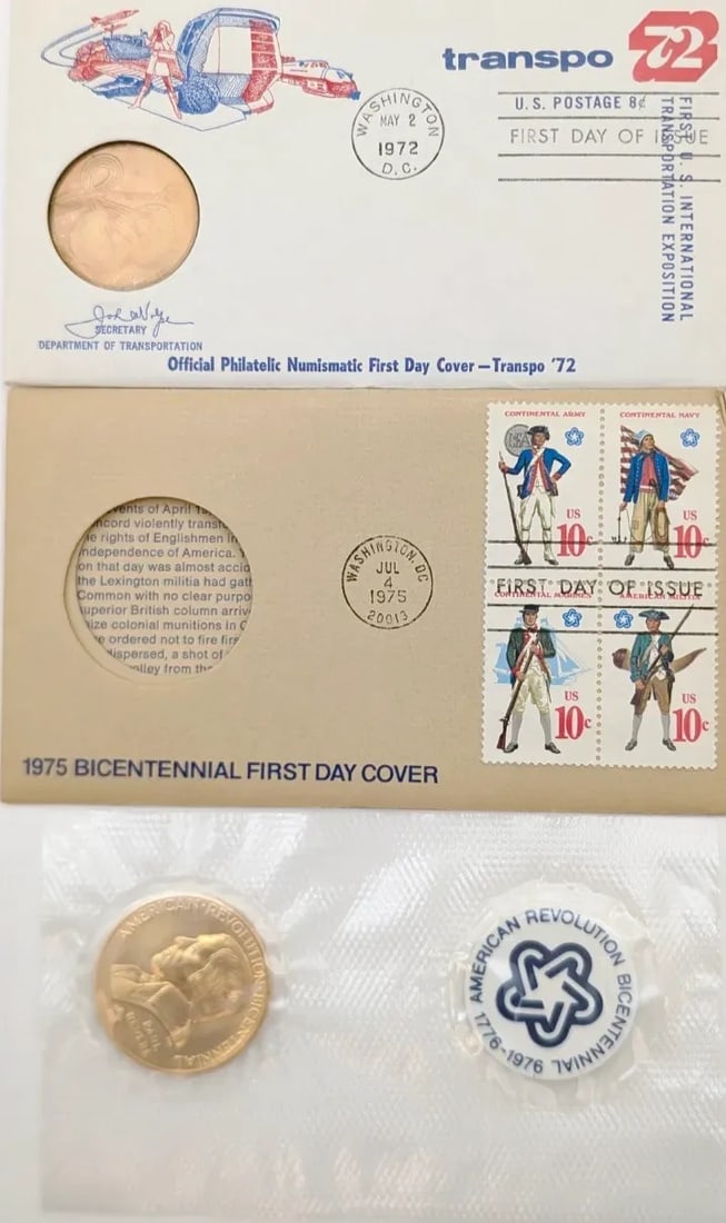 Lot of 2 American Revolution Bicentennial Commemorative Medals & Stamps- 1972, 1975: Coin