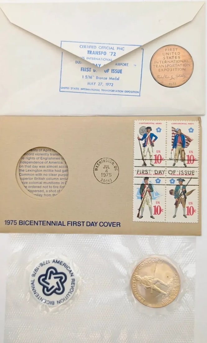 Lot of 2 American Revolution Bicentennial Commemorative Medals & Stamps- 1972, 1975 - 2