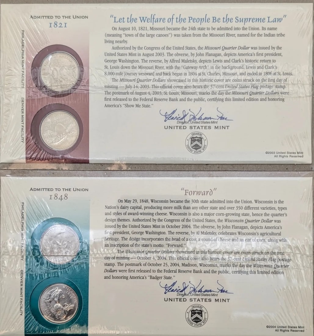 Lot of 2 US Mint First Day Issue State Quarter Coin Sets- 2003 MO, 2004 WI (1 of 2)