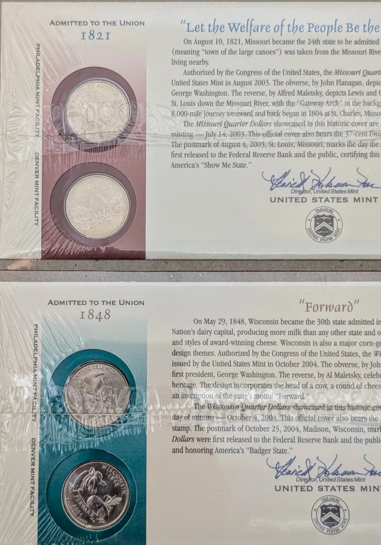 Lot of 2 US Mint First Day Issue State Quarter Coin Sets- 2003 MO, 2004 WI - 2