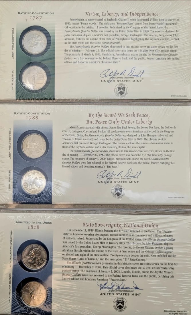 Lot of 3 US Mint First Day Issue State Quarter Coin Sets- 1999 PA, 2000 MA, 2002 IL (1 of 3)