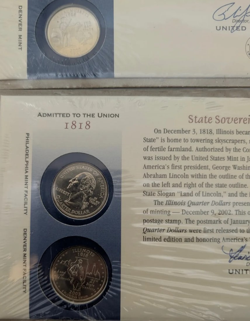 Lot of 3 US Mint First Day Issue State Quarter Coin Sets- 1999 PA, 2000 MA, 2002 IL - 2