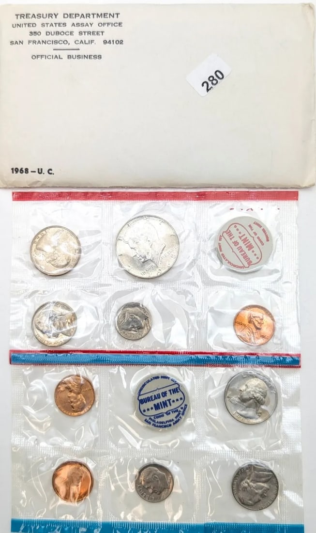 1968 US Mint Uncirculated Set w/ Silver JFK Half: 40% Silver