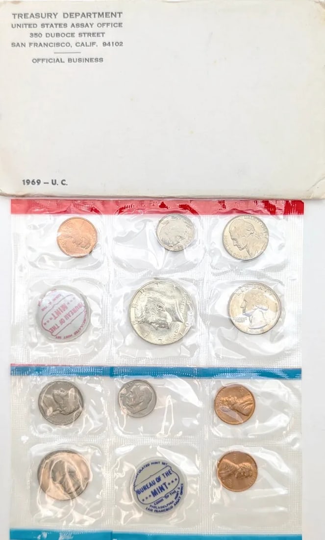 1969 US Mint Uncirculated Set w/ Silver JFK Half: 40% Silver