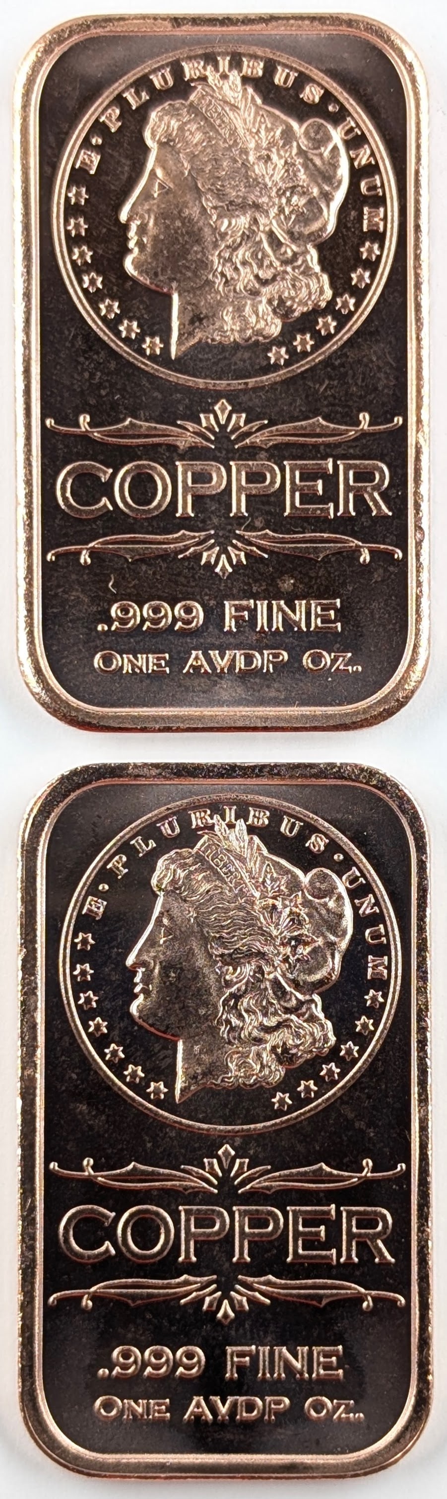 Lot of 2 - 1 Ounce (each) Fine .999 Copper Bars - Morgan: _
