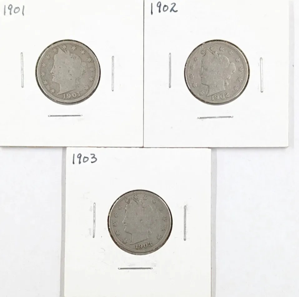 Lot of 3 V Nickels- 1901, 1902, 1903: Coin
