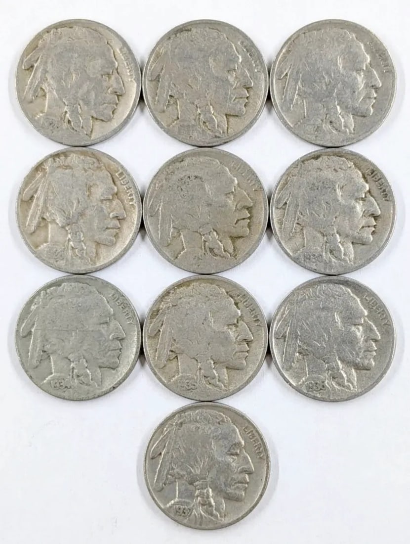 Lot of 10 Buffalo Head Nickels - 1928-1937: Coin