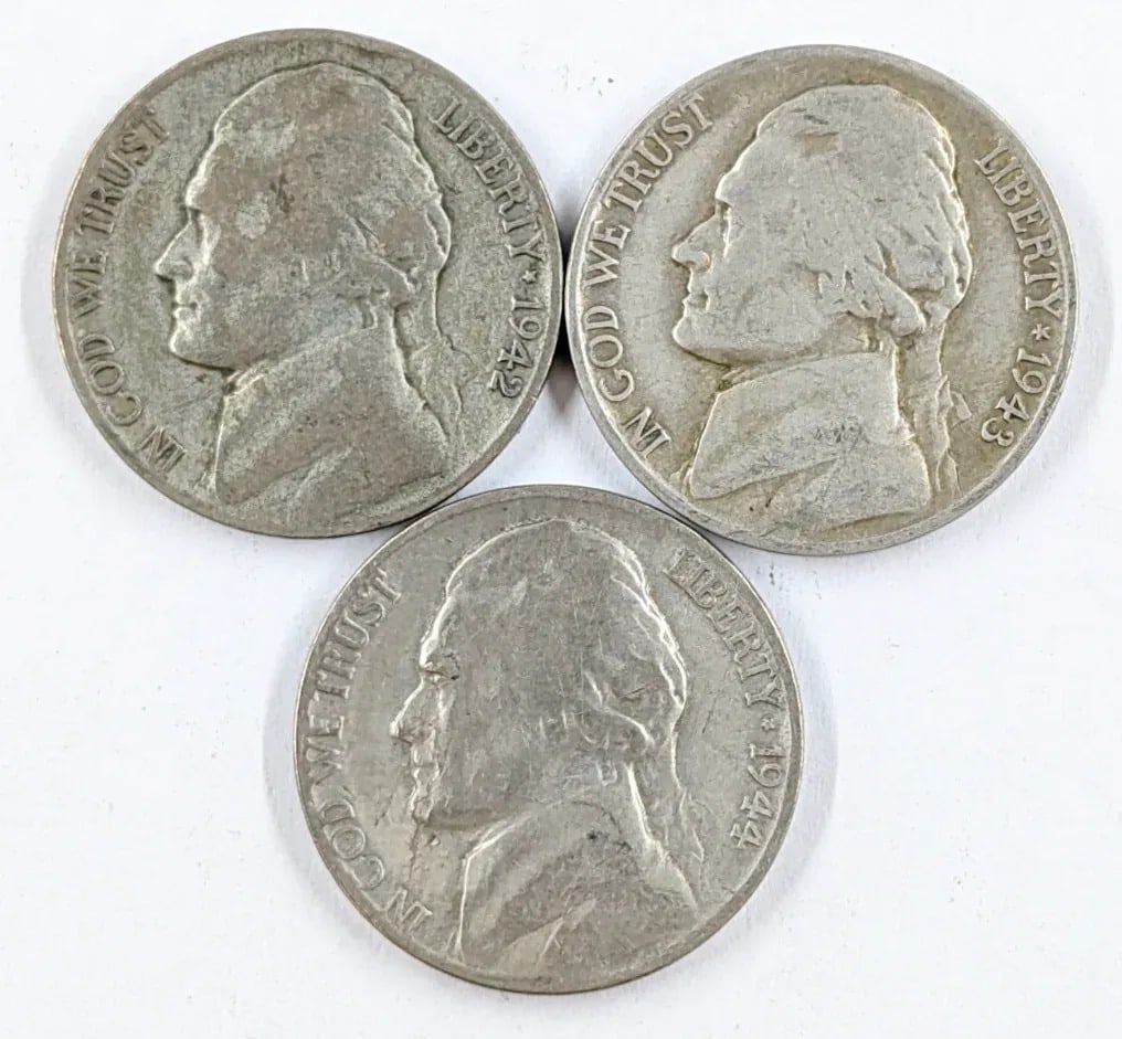 Lot of 3 Silver War Nickels -1942, 1943, 1944: 35% Silver