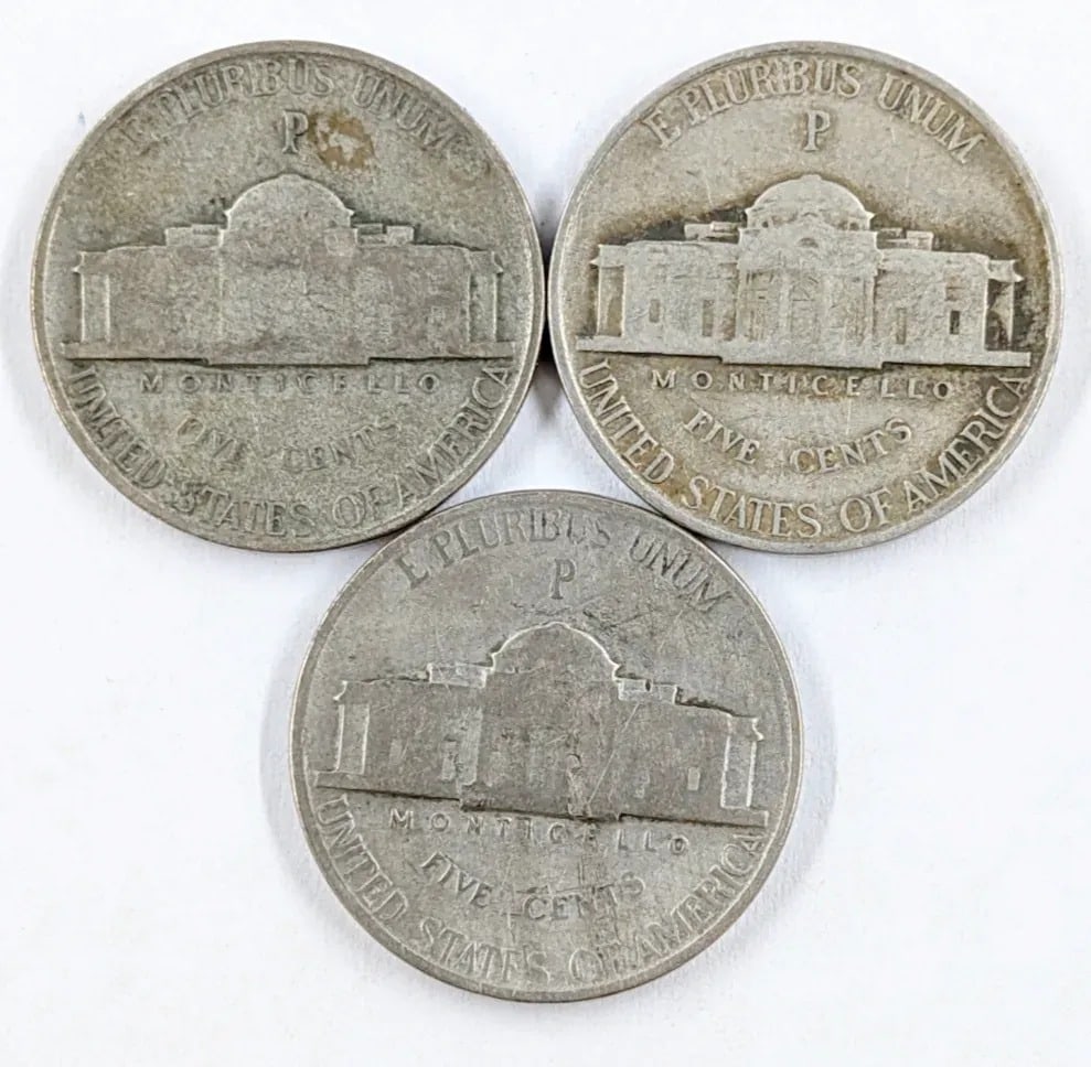 Lot of 3 Silver War Nickels -1942, 1943, 1944 - 2