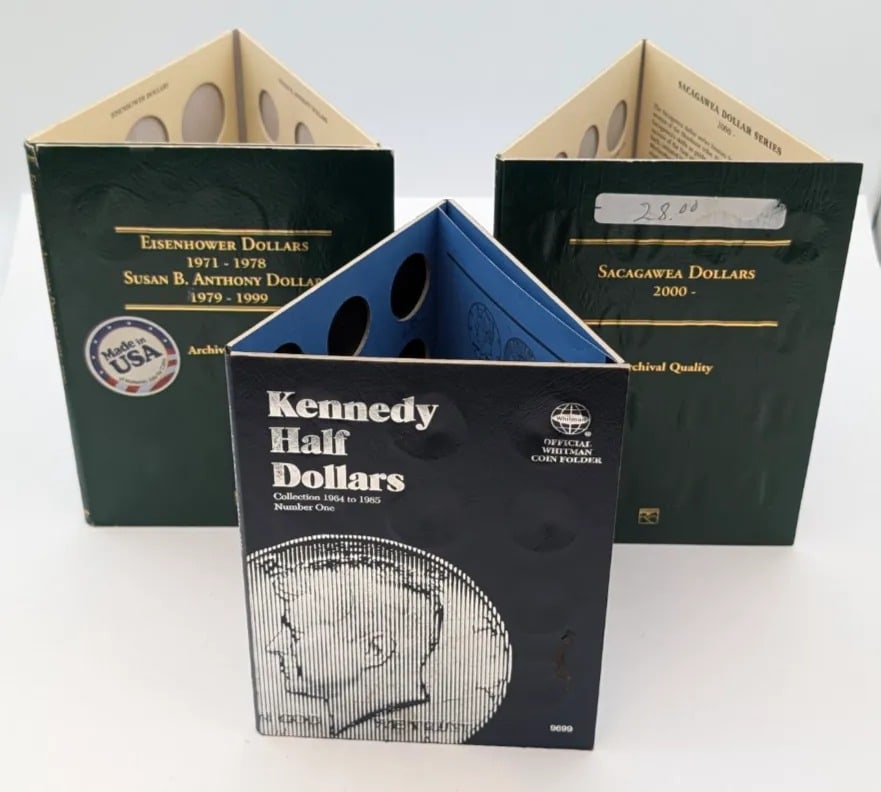 Lot of 3 Empty Coin Albums- Littleton Eisenhower & Sacagawea Dollars, Whitman JFK Half Dollars: _
