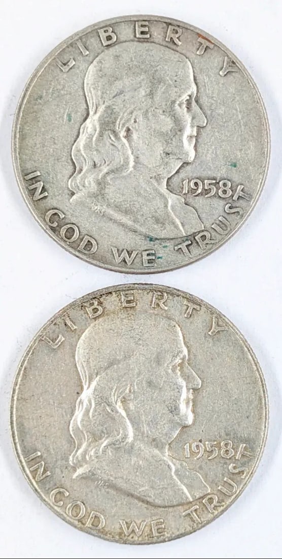 Lot of 2 Silver Franklin Half Dollars -Both 1958-D: Silver