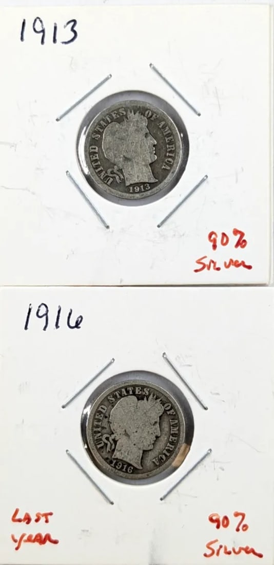 Lot of 2 Silver Barber Dimes - 1913, 1916 (1 of 2)